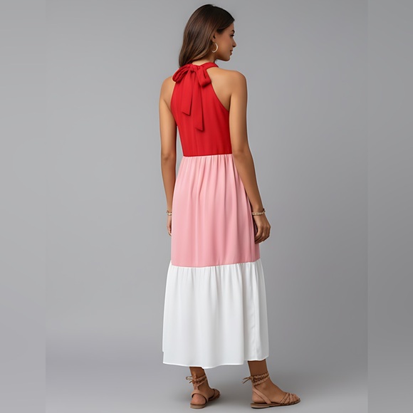 Colorblock Ruffle Hem Halter Neck Dress - Picture 3 of 9